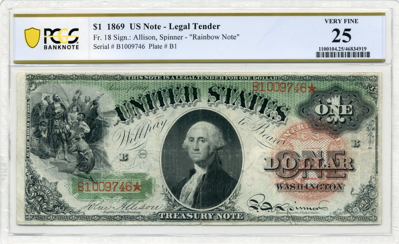 1869 $1 US Note - Legal Tender RAINBOW NOTE - Very Fine, PCGS VF25