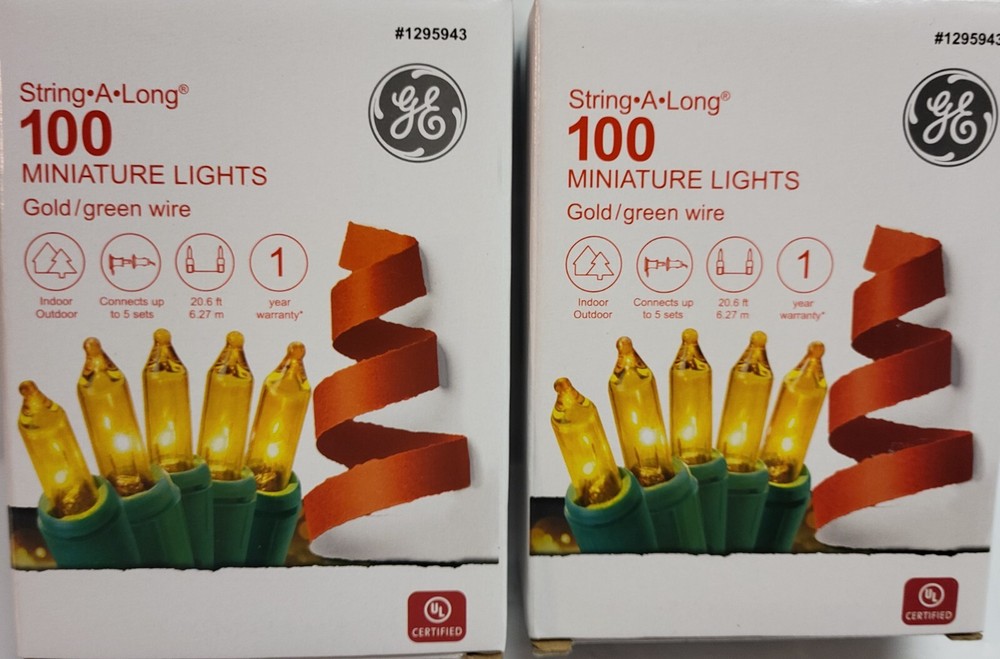 2 BOXES GE 100-CT STRING-A-LONG GOLD STRING LIGHTS - GREEN WIRE HOLIDAY MINI