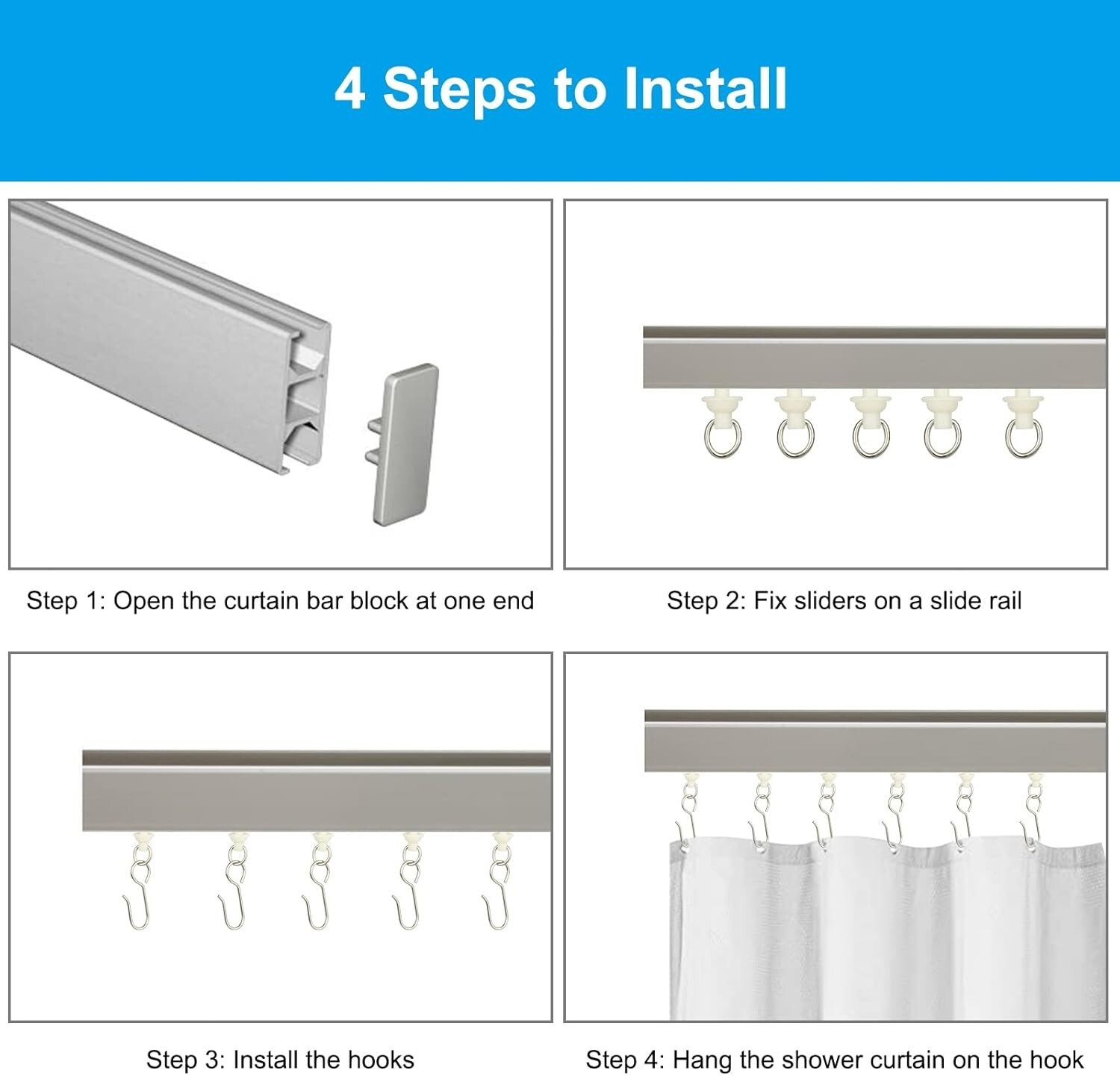 80 Pcs Curtain Hooks and Gliders Window Curtain Bathroom Shower Stainless Steel