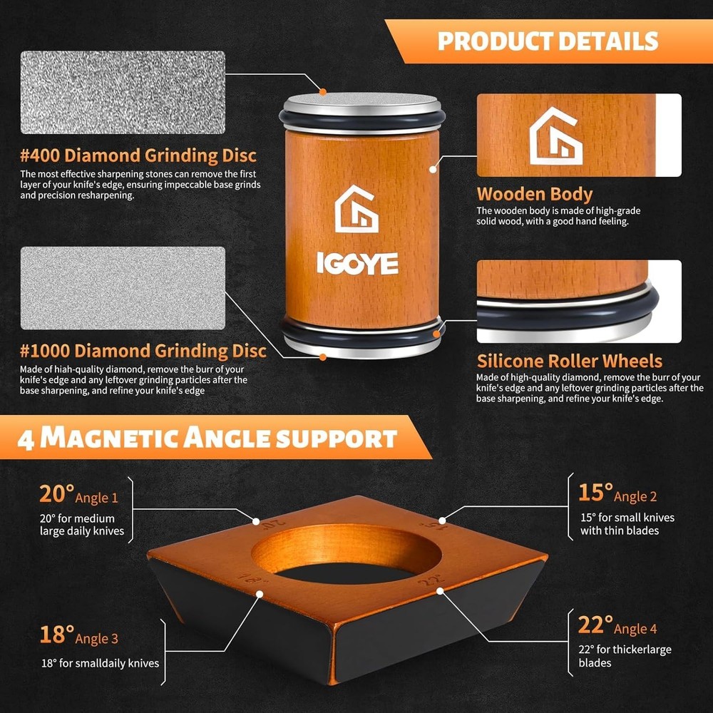 Diamond Rolling Sharpening Sharpener Knife Tool 4 Adjustable Angle Magnetic Base