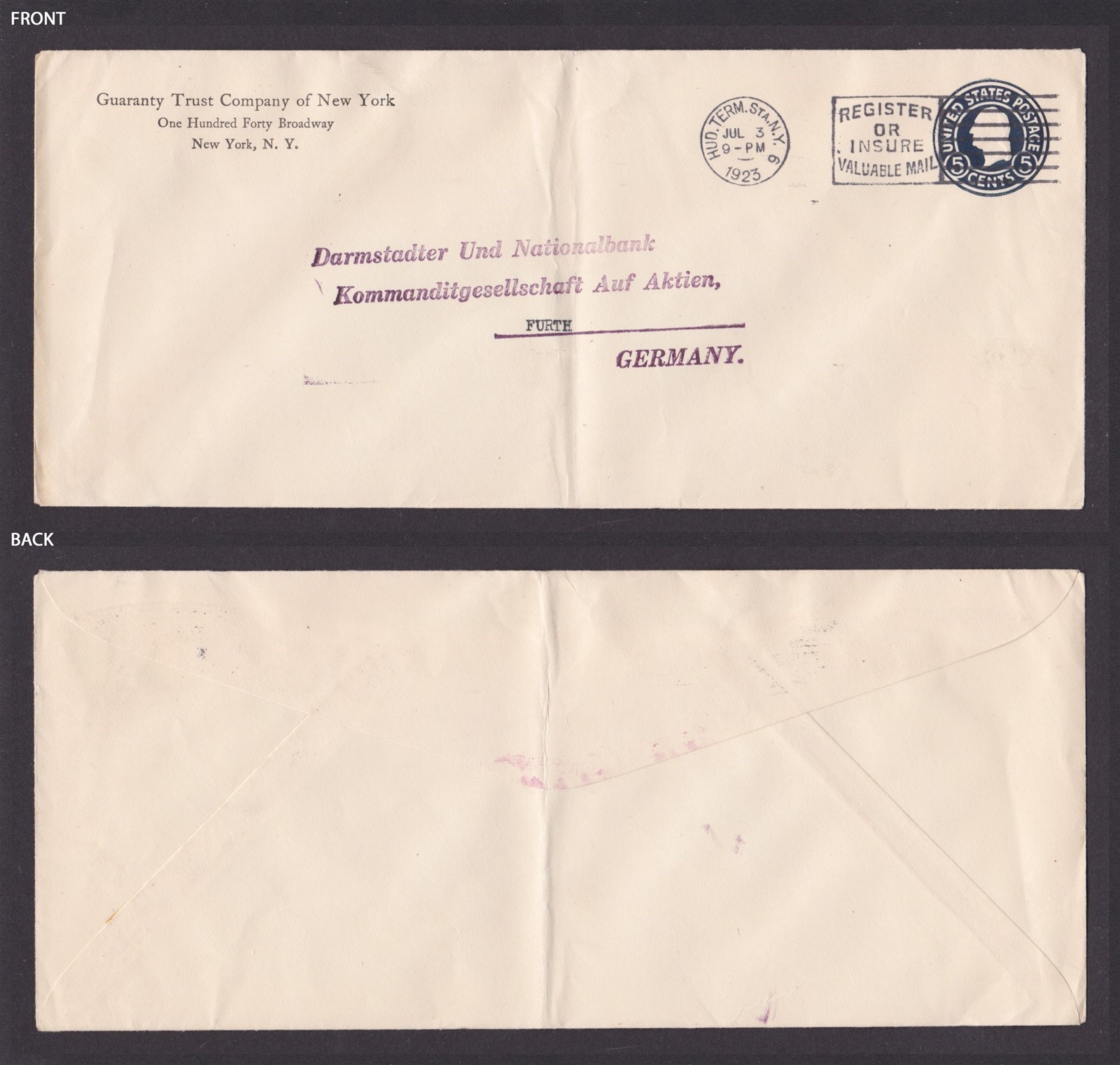 UNITED STATES 1923, Stamped cover from New York to Germany