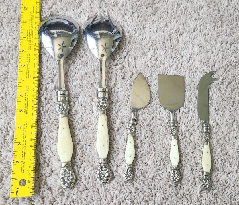 5 Piece Serving Set Unbranded Stainless And Bone Colored (#99)