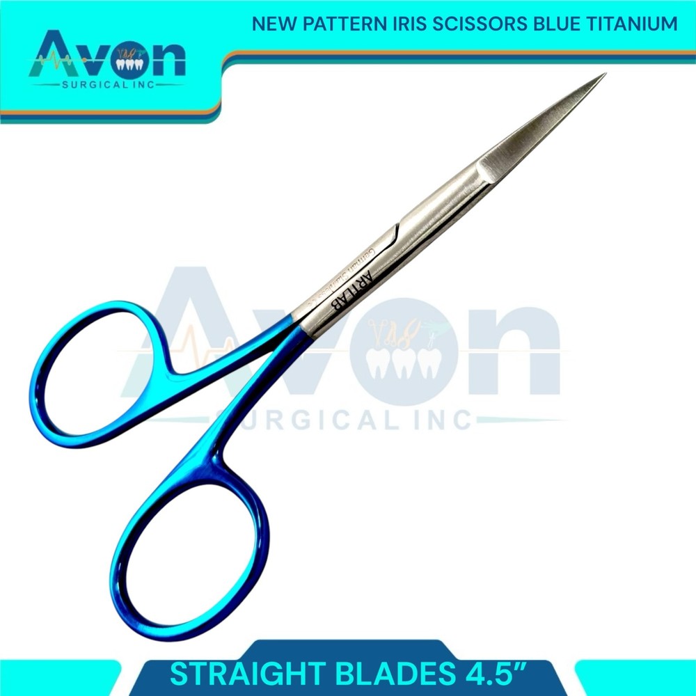 New Pattern Straight Blades Iris Scissors 4.5" Titanium Coated Rings - Blue -1pc