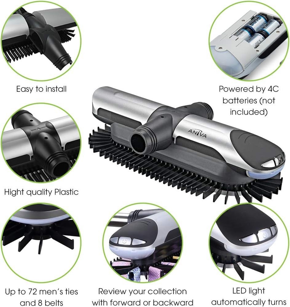 Motorized Tie Rack Closet Organizer with LED Lights Includes J Hooks for Wired..