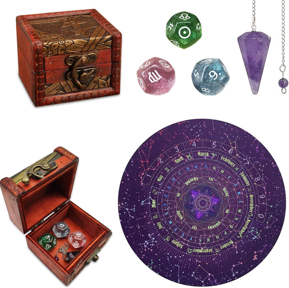 6Pcs Pendulum Board for Divination - Pendulum Crystal for Dowsing, Tarot Dice As