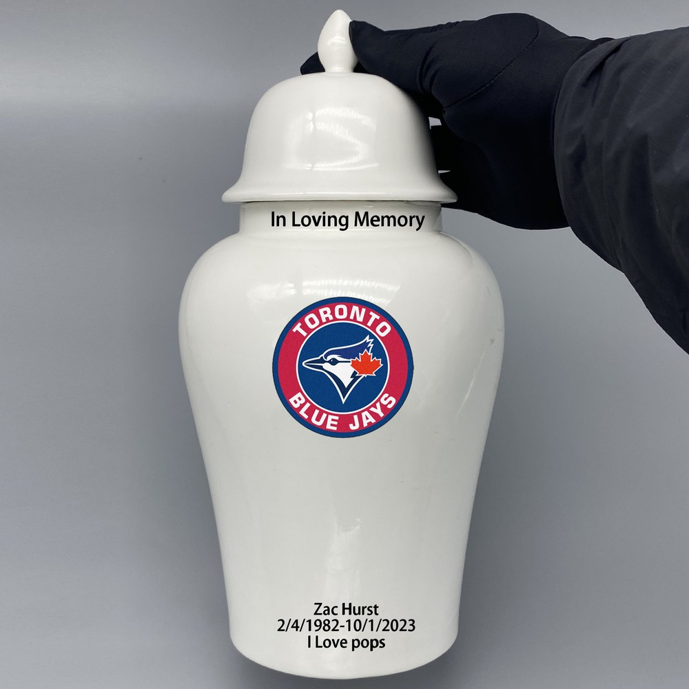 Ceramic Large Urn for Toronto Blue Jays Baseball Theme, Custom Text