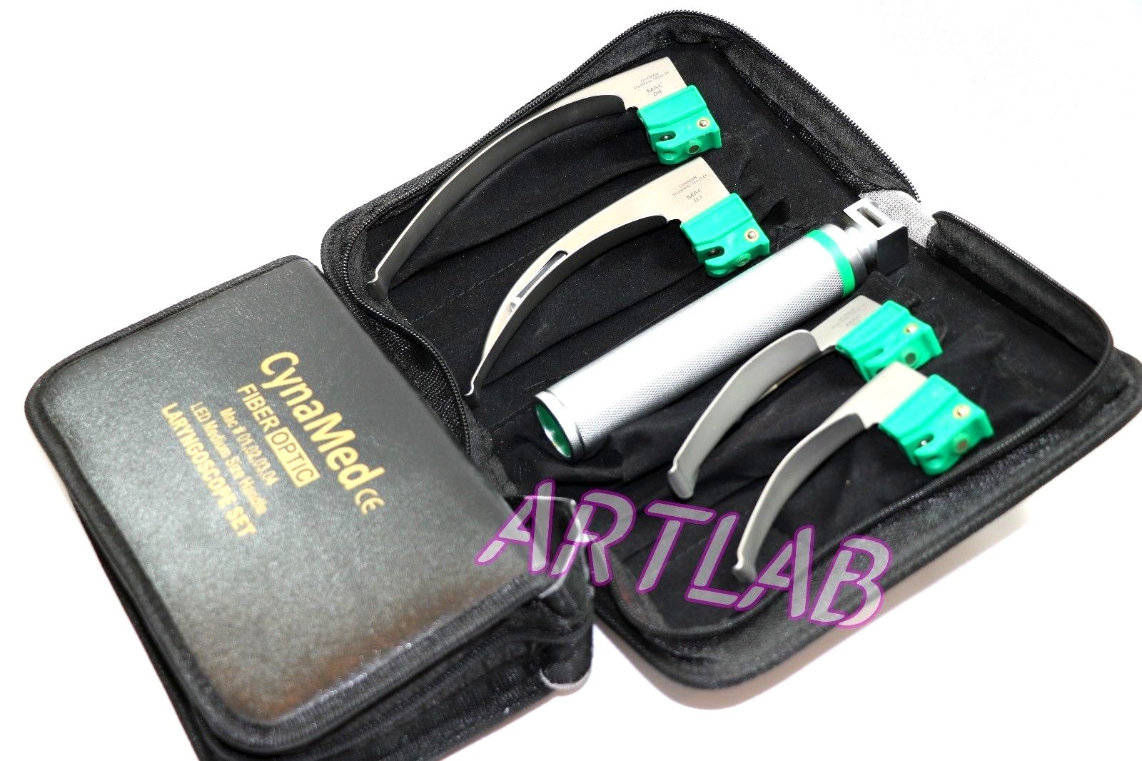 FIBER-OPTIC LARYNGOSCOPE SET OF 4 INTUBATION BLADES 1,2,3,4 + MEDIUM HANDLE