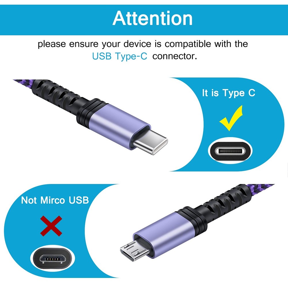 S23 USB Type C Cable Fast Charging Android 6ft C Cable, White+Purple+Blue
