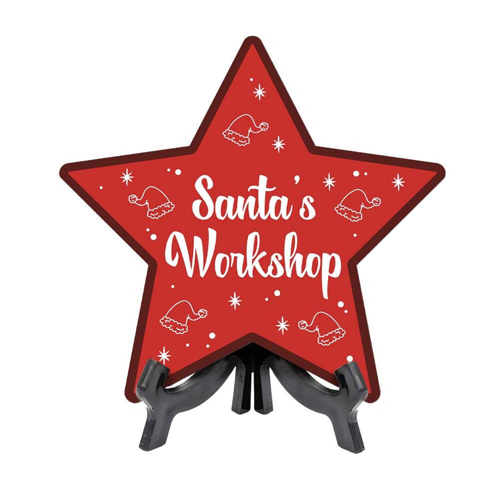 Santa's Workshop Star Shape Table Sign With Acrylic Stand (6” x 5.75”)