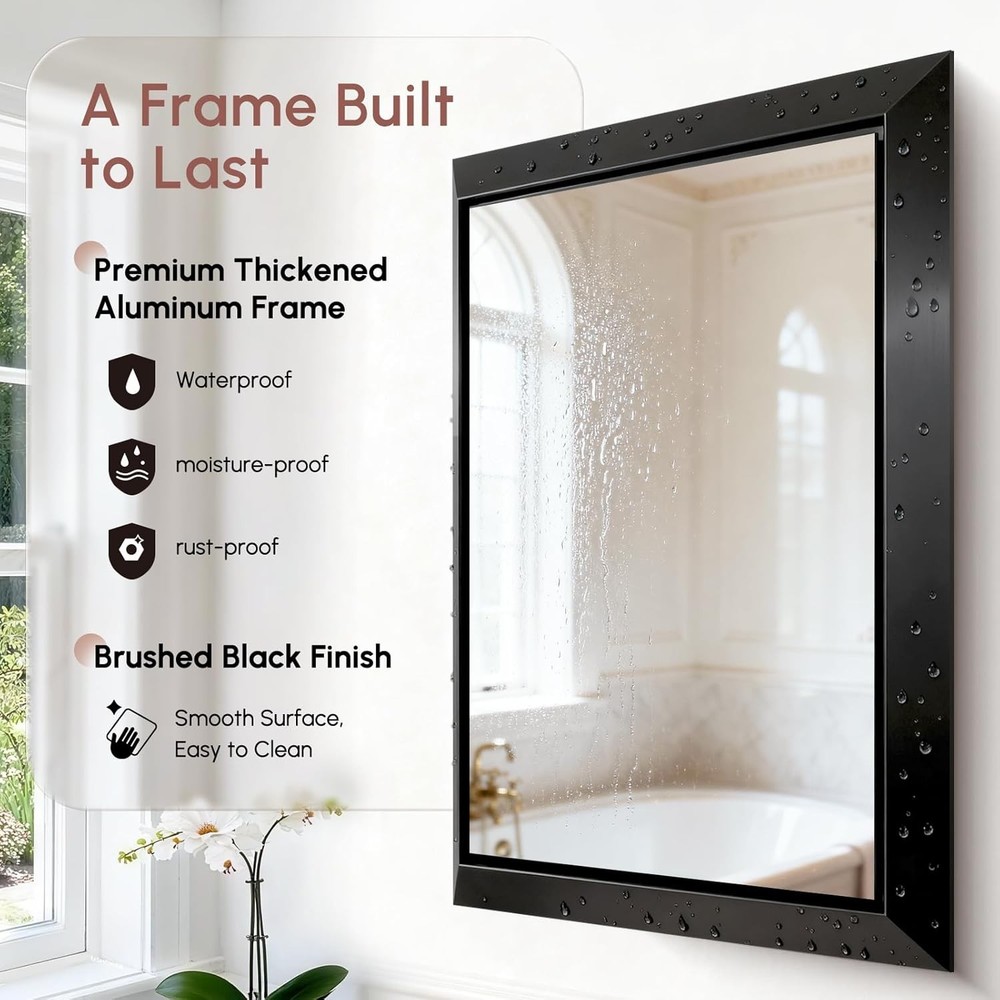 USHOWER 30x40" Rectangular Bathroom Mirror Black Aluminum Frame Beveled Mirror