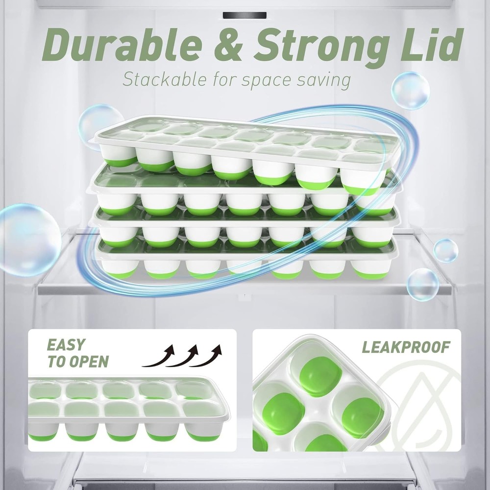 Ice Cube Tray W/ Lid 2 Packs 28 Cubes Durable Stackable Ice Cube Trays Freezer