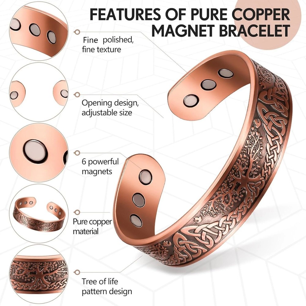 Men's Bracelet Magnetic Solid Pure Copper Bangle Tree Therapy Relief Arthritis