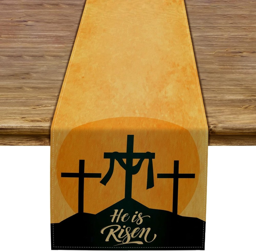 Linen He Is Risen Table Runner Spring Easter Ressurection 13×72 inch, Neutral