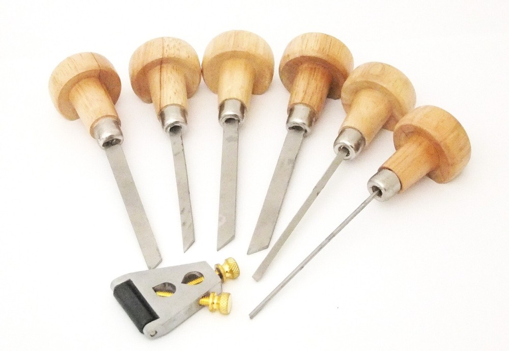 6 Pc Engraver Gravers With Wooden Handles & Graver Sharpening Holder