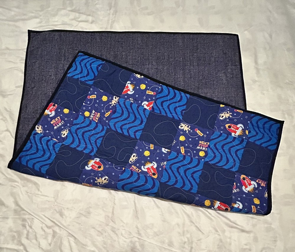 Handmade Patchwork Quilt Throw 47”x36” blue with space/rocket ships