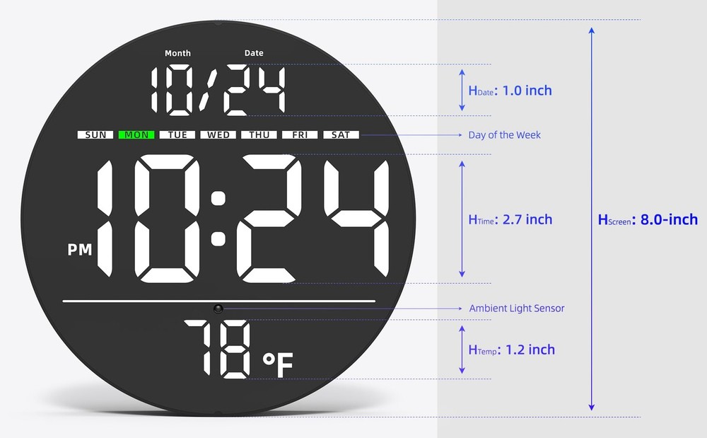 Digital LED Wall Clock Large Display Date & Temperature Auto-Brightness, White