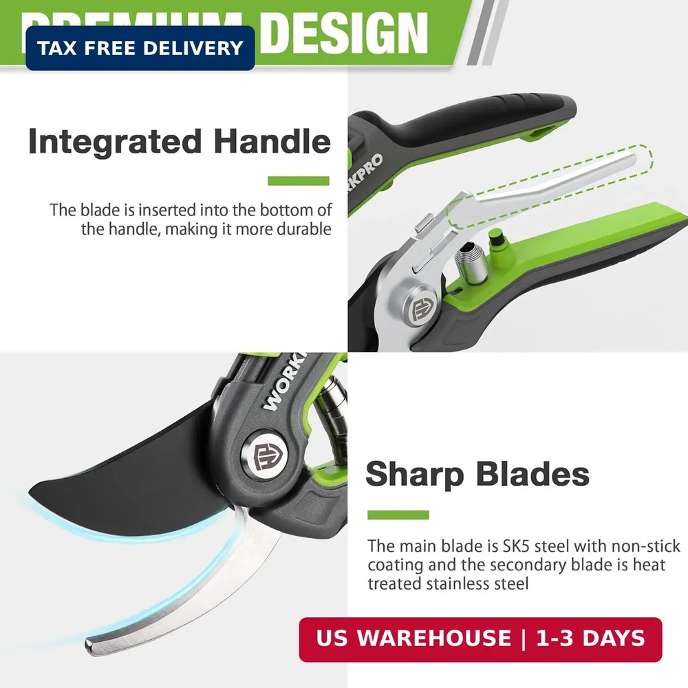 WORKPRO Garden Pruning Shears 2 Pack, 8" Bypass Pruning Shears and 6.25" Straigh