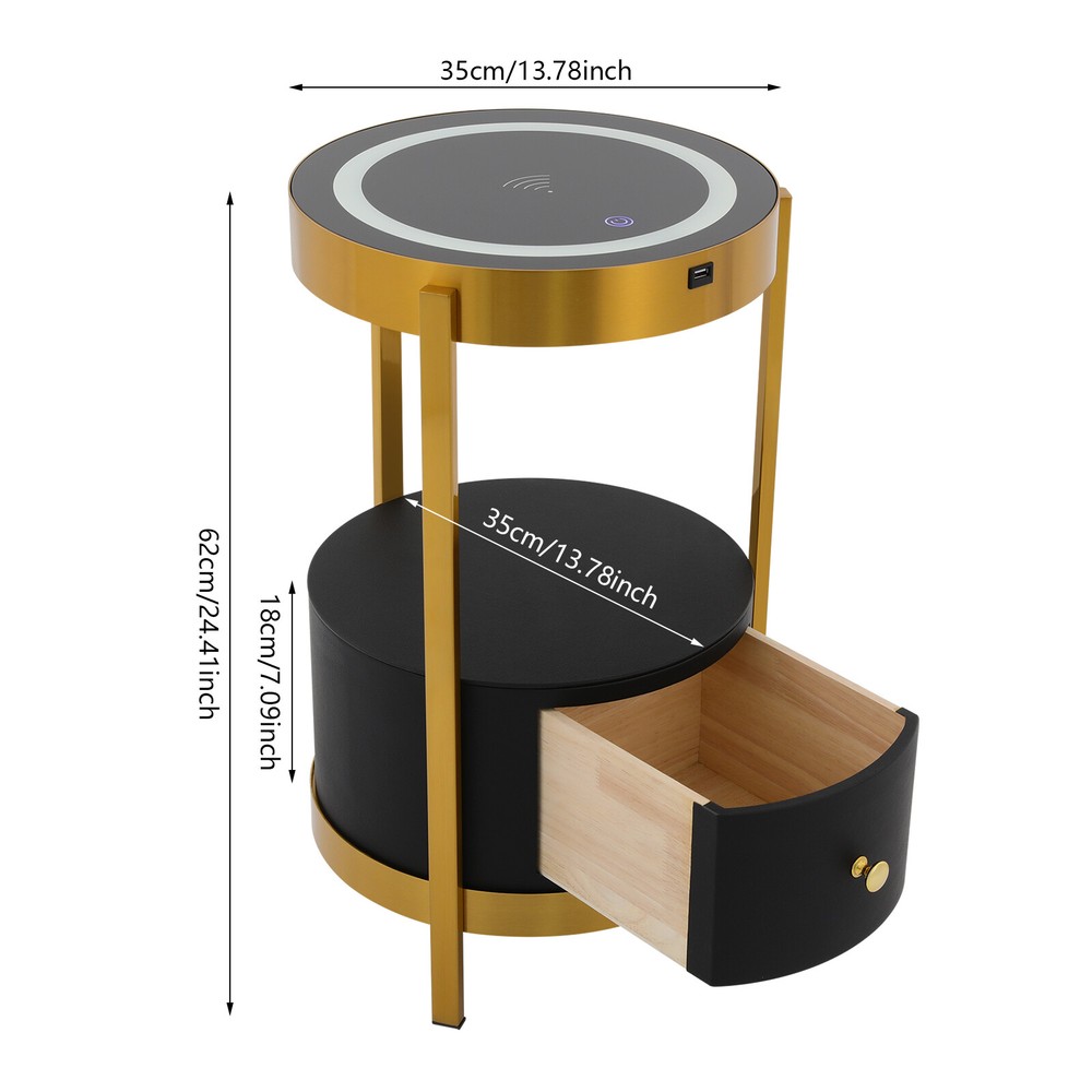 Smart Led Bedside Table Nightstand Sofa Round End Table w/ Drawer Bedroom 110V