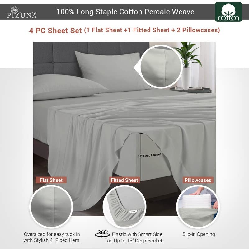 100% Cotton Full Sheets Set - Crisp, Breathable Percale Weave Bed Sheets - Fu...