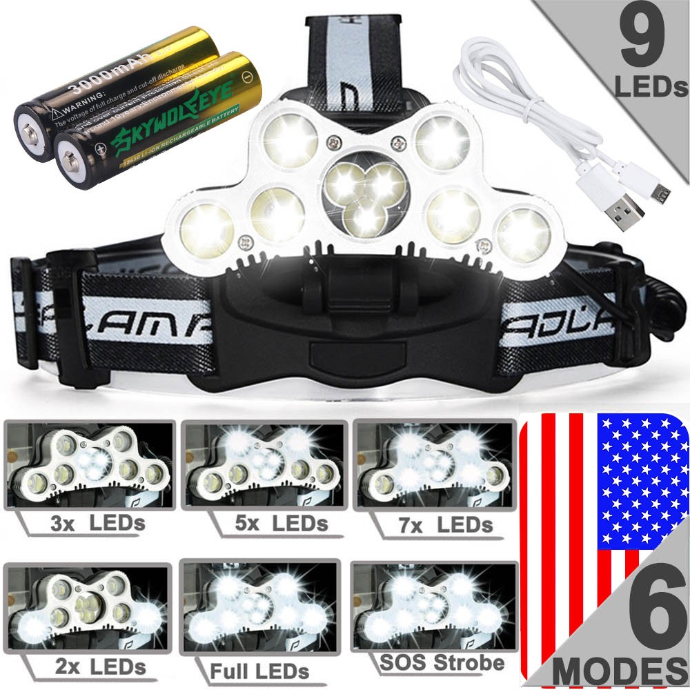 Headlamp 9x LED Super Bright Lumen Rechargeable Head Light Flashlight Torch Lamp