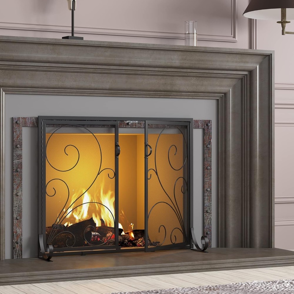 Fireplace Screen with Doors, Handcrafted Solid Steel, Heavy Duty Metal Mesh, ...