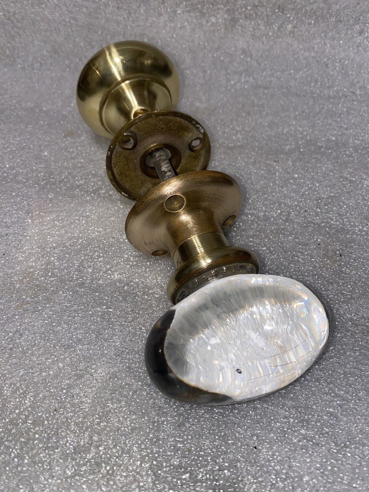 Antique Oval Glass & Brass Door Knobs with threaded original spindle