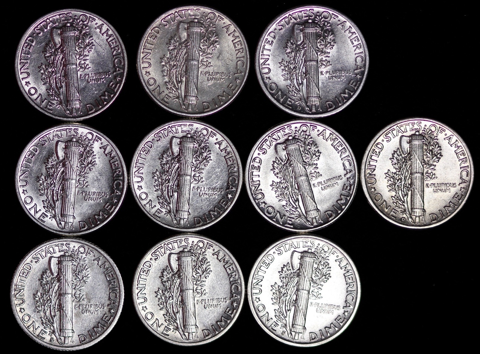 Lot of 50 Coins AU / UNC Mercury Silver Dimes Some D and S Mint FREE SHIPPING
