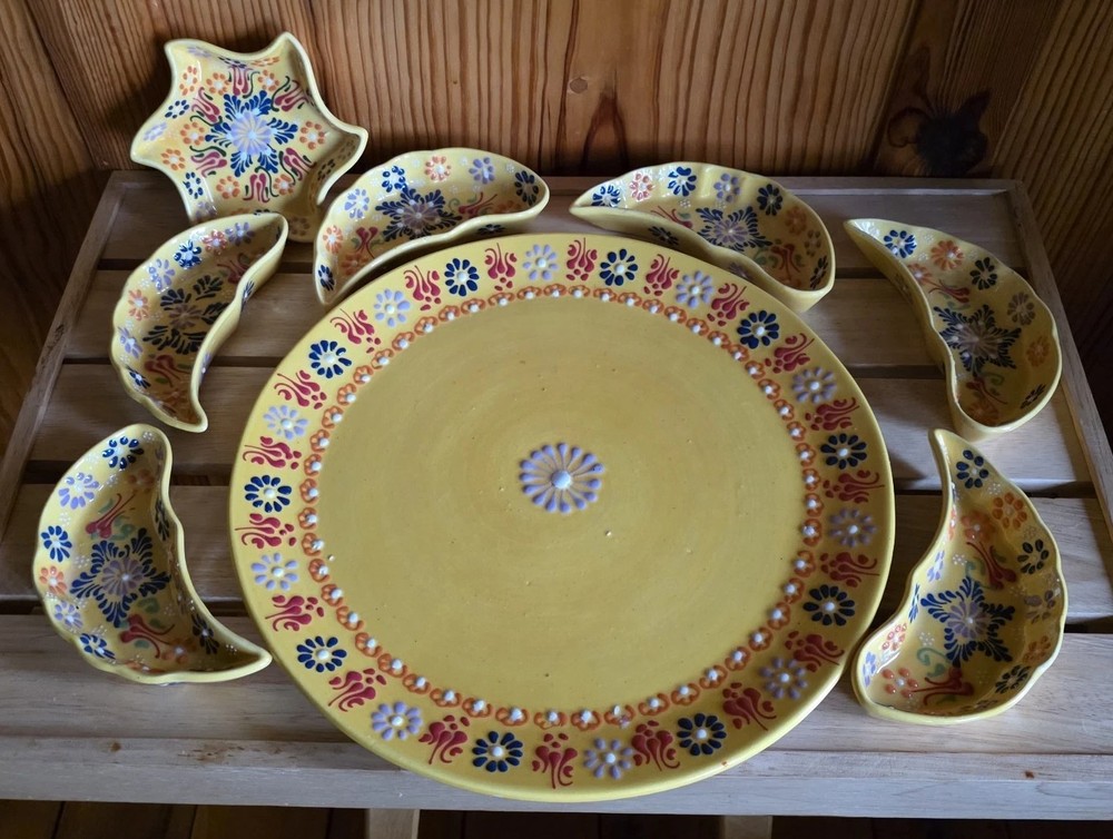 Hand Painted Turkish Ceramic 8 Piece Breakfast, Tapas, Or Appetizer Service 13"
