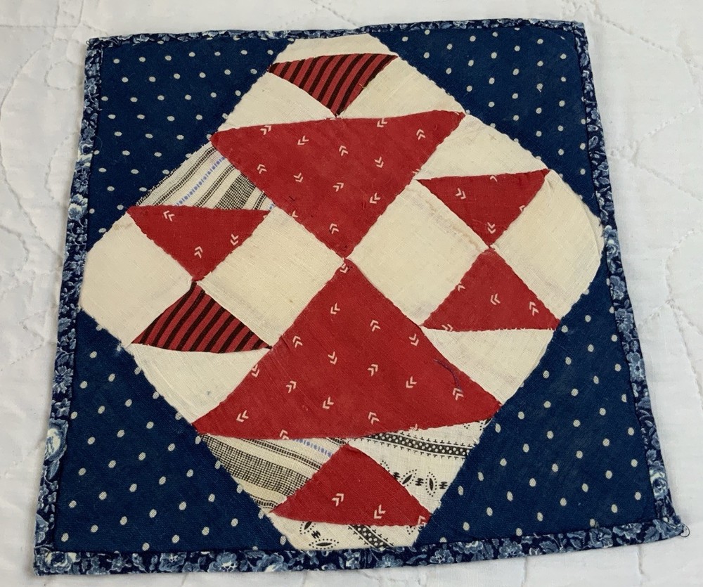 Antique Vintage Patchwork Quilt Table Topper, Four Patch W/ Triangles, Red, Navy