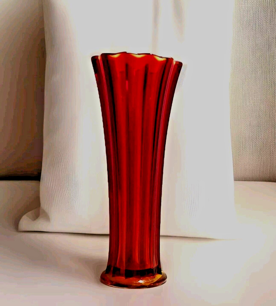 Amberina Ruby Glass Vase 12" Tall Viking, L E Smith?