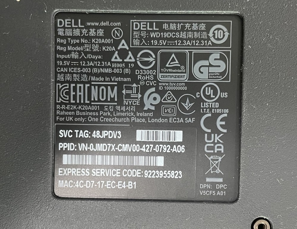 Dell WD19DCS Docking Station With 240w Adapter