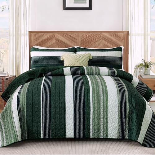 Size Quilt Set Striped 3 Piece Summer Patchwork Bedspreads King Olive Green