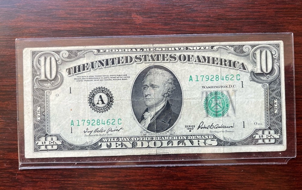 1950 10 dollar bill series d ERROR miscut: rare register line showing!