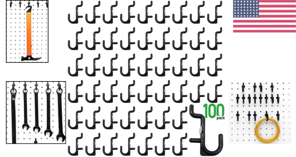 100-Piece Black Pegboard Hooks Kit - Durable J Hook Assortment for Storage