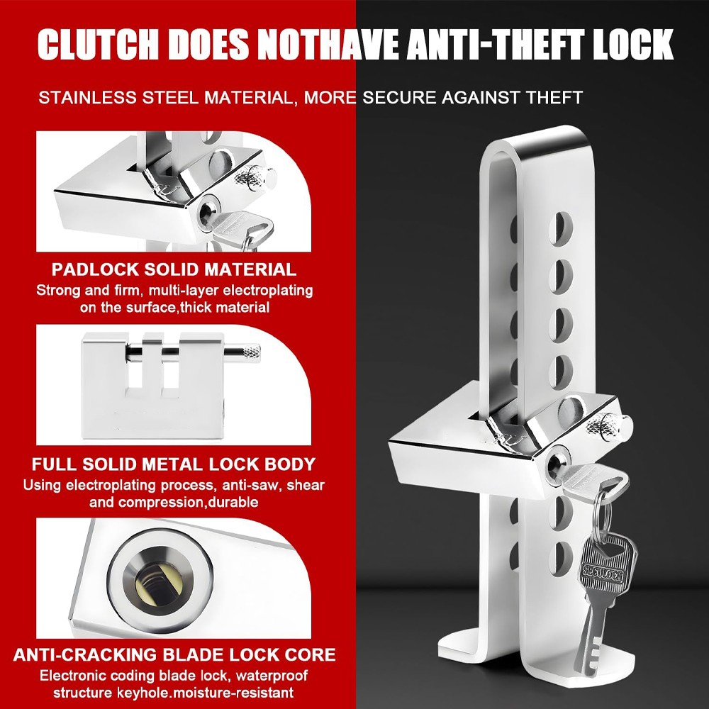 Stainless Steel Brake Pedal Lock Security Car Auto Clutch Lock Anti-theft 3Key
