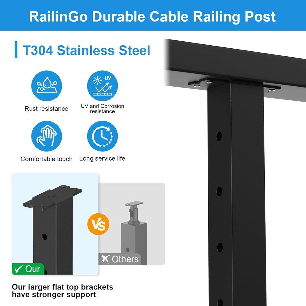 36" Cable Railing Post Kit - 4 Flat Top Posts, Black Wire Rope & Tensioner