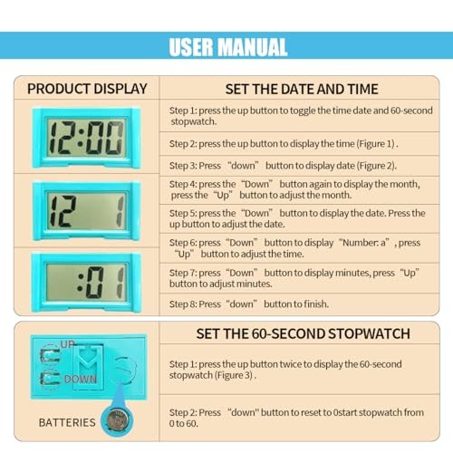 Small Electronic Dashboard Car Time Clock Self-Adhesive Mini Car Blue