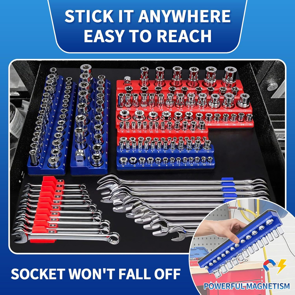 Magnetic Socket Organizer Set, 8PCS Socket Holder with 6 Socket Trays & 2 Wrench