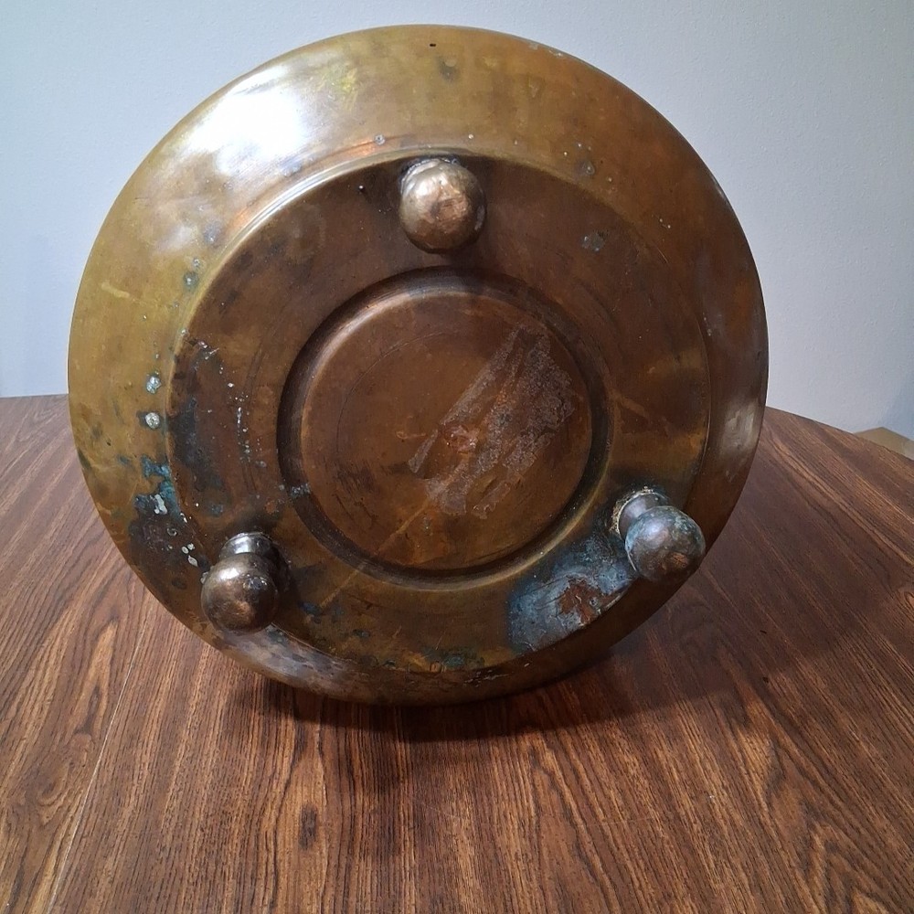 ANTIQUE BRASS FOOTED PLANTER CONTAINER ETCHED HANDLE 15½” STATEMENT PC DECOR XXL