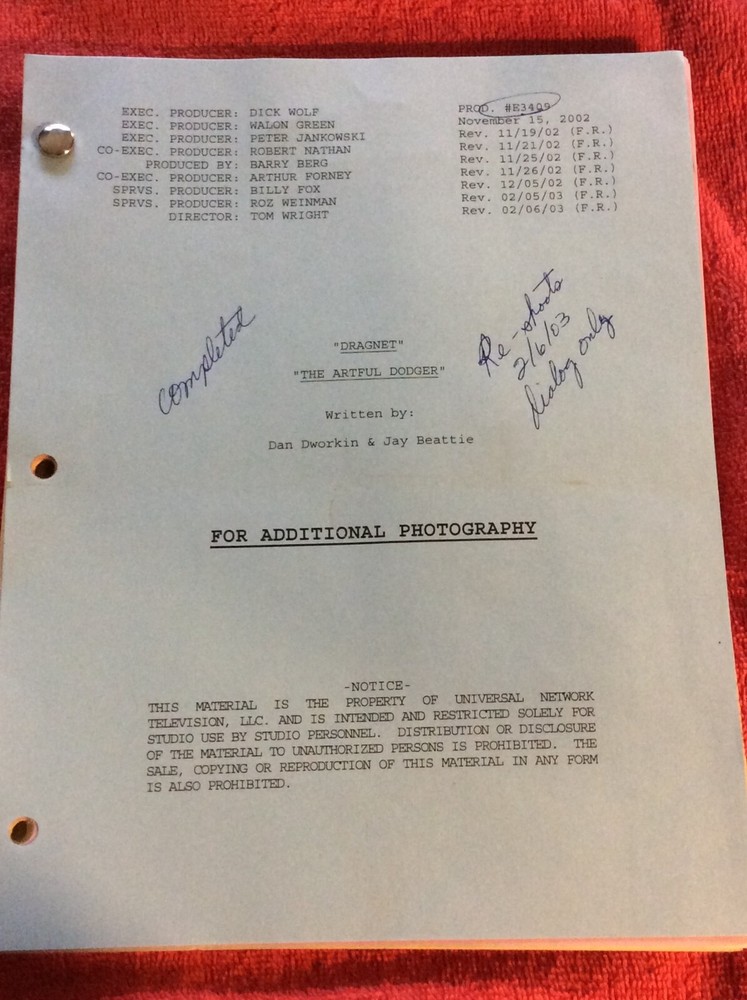 ORIGINAL SCRIPT DRAGNET THE ARTFUL DODGER ED O'NEILL EVA LONGORIA ETHAN EMBRY