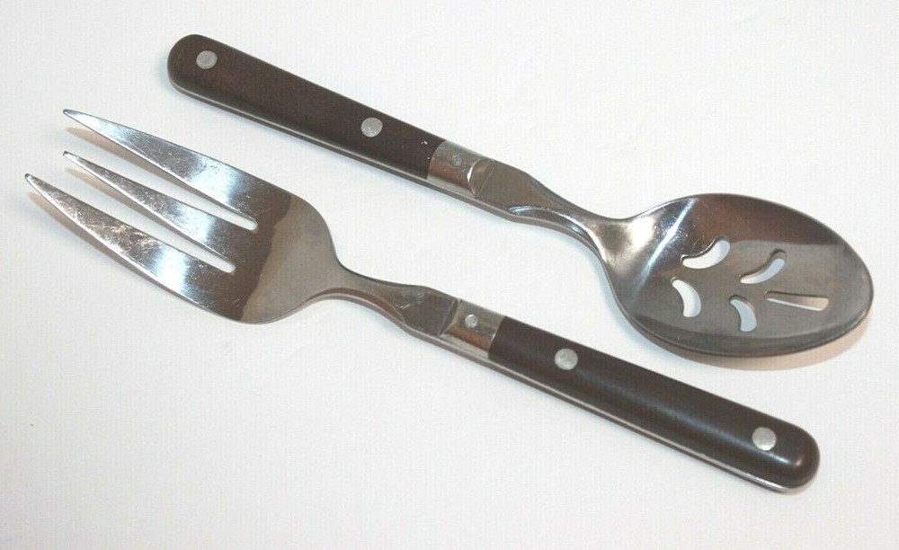 Vintage Brown Handle Serving Fork & Slotted Spoon