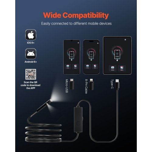 Dual Lens Borescope Endoscope Camera for Android IOS & 10FT Snake Cable