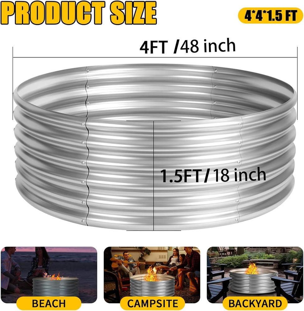 48 Inch Fire Pit Ring, 4FT Galvanized Fire Ring, Wood Burning Fire Pits Ring, Ou