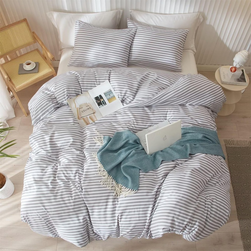 mixinni Striped Comforter Set Full Size - Grey White Stripes Pattern Bedding Set