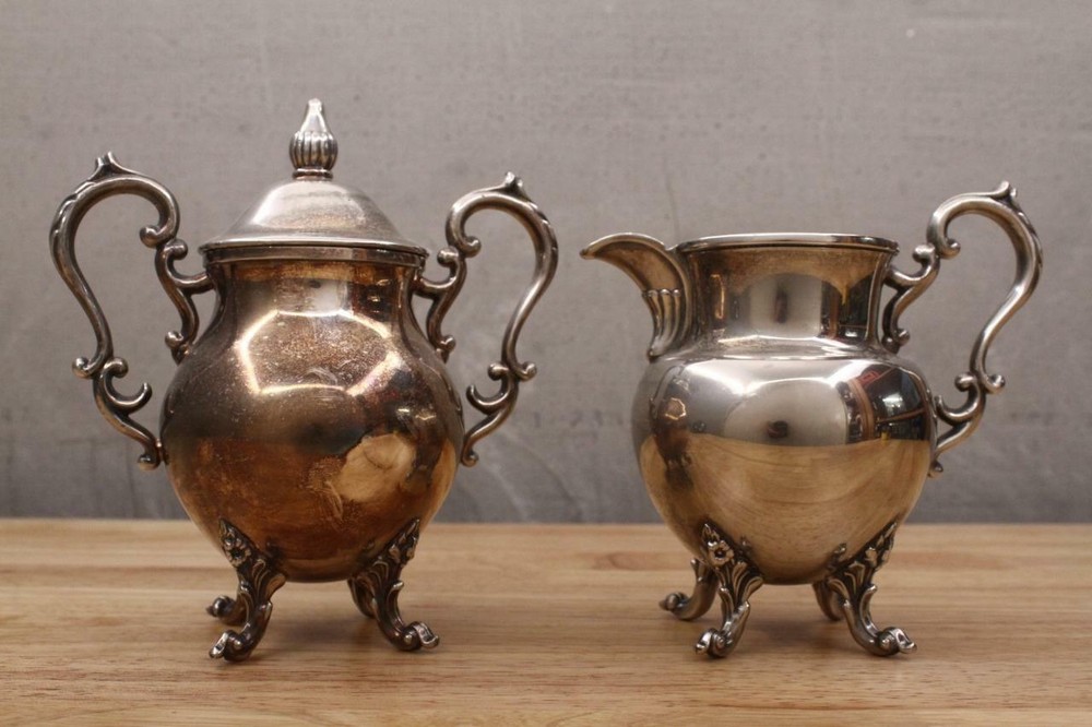 Vintage Metalware Birmingham ENGLISH Silver on Copper Large Creamer & Sugar Set