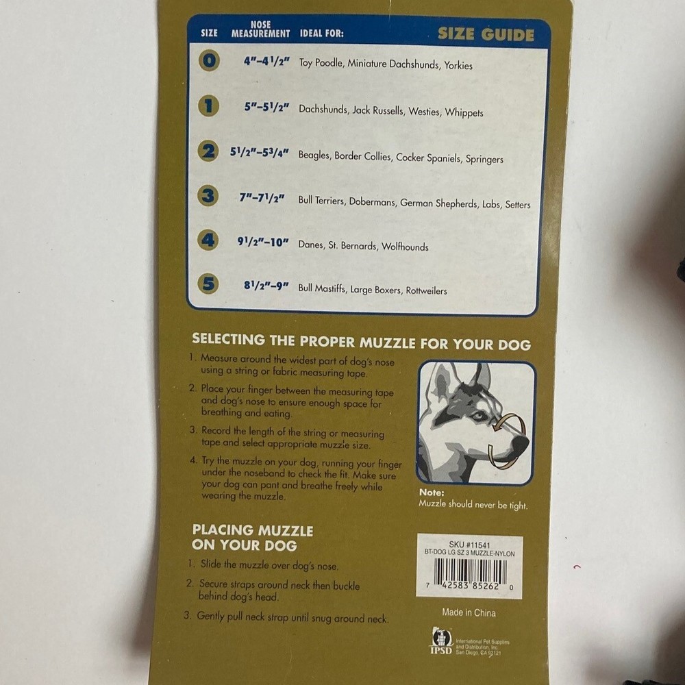 Black Dog Muzzle Large Basic Training Size 3 Nylon 7" to 7.5" Strong Flexible