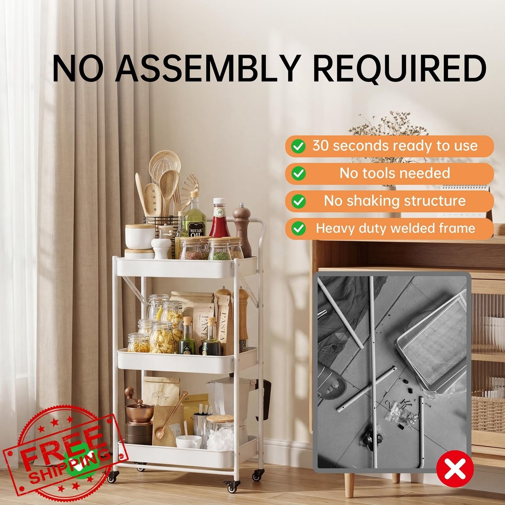 JAQ 3-Tier Folding Utility Cart with Handle White