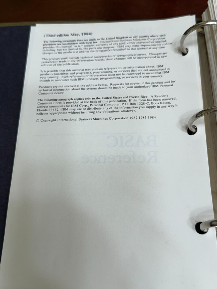 IBM BASIC REFERENCE BOOK/BINDER 1984 3RD EDITION - COMPUTER / PC / LAPTOP