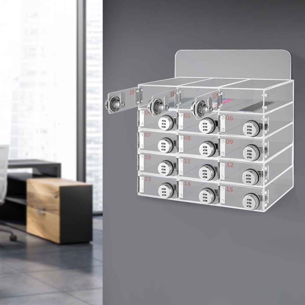 15 Slots Acrylic Cellphone Locker Case with Combination Lock 10*5*18cm