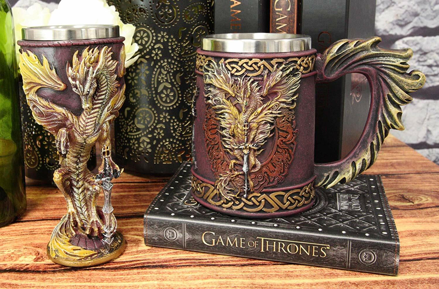Ebros Ruth Thompson Dragon's Lair Flame Blade Drake Mug And Wine Goblet Set